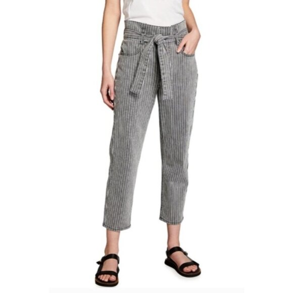 Frame Jeans Womens Size 28 Black White Railroad Stripe Belted Pleated Paperbag - Picture 1 of 11